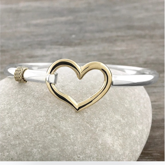 Sterling silver with 14k gold heart clasp bangle bracelet